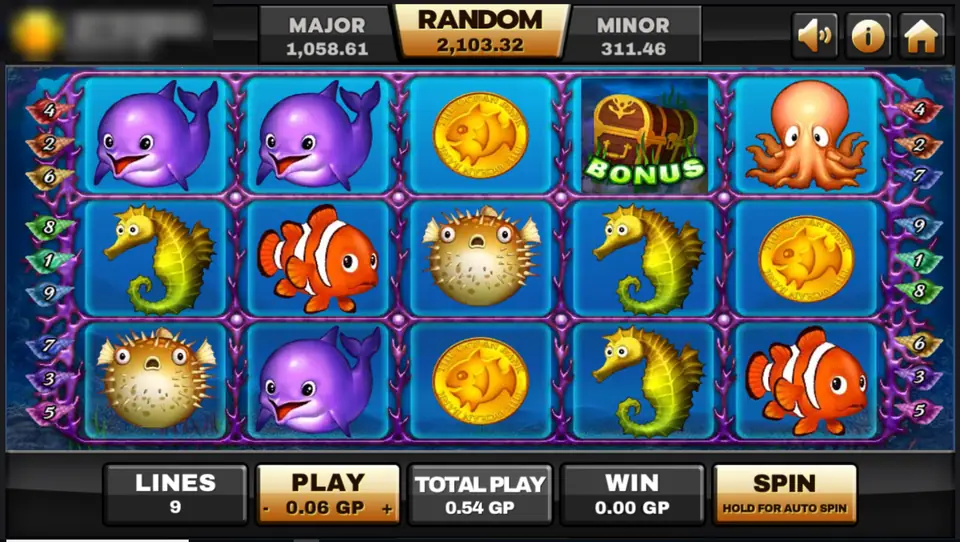 Ocean Paradise reels with purple dolphins, gold coins, a BONUS treasure chest, an octopus, seahorses, clownfish and pufferfish