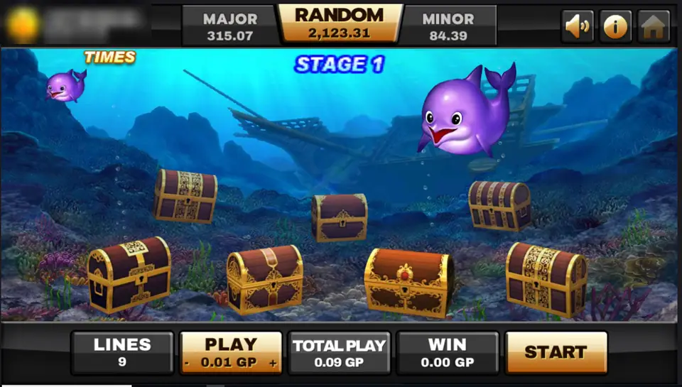 Ocean Paradise bonus screen marked STAGE 1: treasure chests on the sea floor by a shipwreck, a purple dolphin, a TIMES counter and a START button
