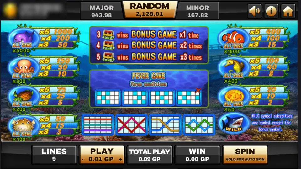 Ocean Paradise pay table: dolphin, octopus, turtle, pufferfish, clownfish, seahorse and coin values with ALL SAME figures, the bonus chest rules, the Fever Game patterns, nine line diagrams and the shark wild